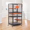 4-Story Pet Cage, Bunny Hutch with Ladder, Lockable Wheels and Removable Tray, Black and Orange